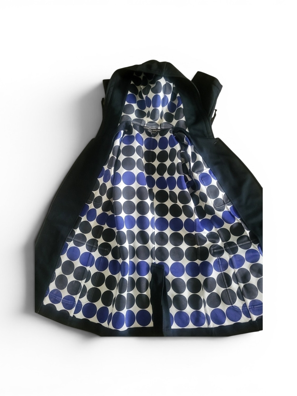 Comme Des Garcons Navy Coat with Blue and Black Polka Dot Lining